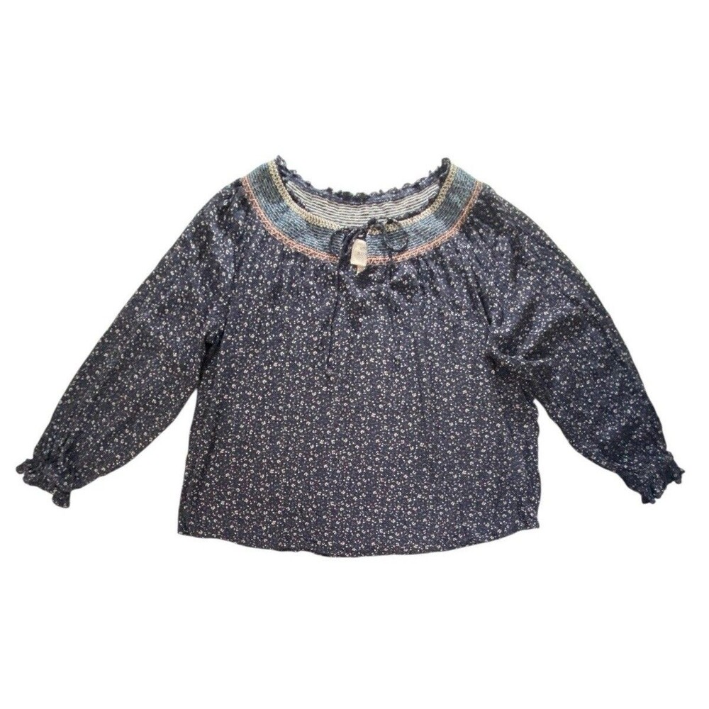 Knox Rose Womens XXL Blue Floral Boho Peasant Blouse Smocked Long Sleeve Top